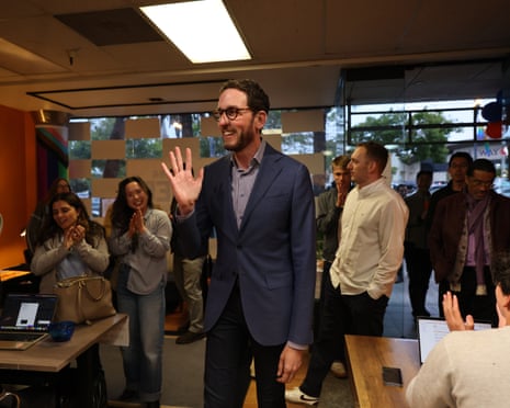 California state senator Scott Wiener waves to attendees at his election night watch party on in San Francisco on 2 June.
