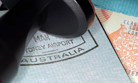 Australian immigration stamp with passport and visa