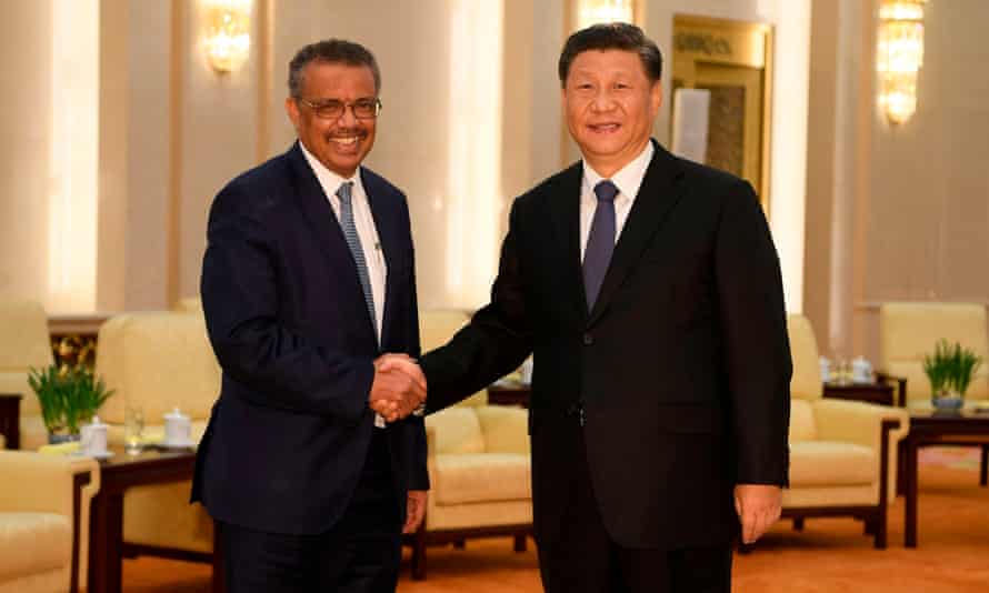 WHO director-general Adhanom Ghebreyesus with Chinese President Xi Jinping in Beijing on 28 January 2020.