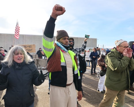 Protesters confront law enforcement outside the Bishop Henry Whipple Federal Building in Minneapolis, 9 January 2026.