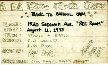 The flyer for DJ Kool Herc’s party, on 11 August 1973 at 1520 Sedgwick Avenue in the West Bronx, now acknowledged as the moment hip-hop was born.
