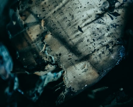 Musical notes at the burnt warehouse of Ranok publisher in Kharkiv