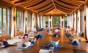 A yoga class in a wood and glass hut
