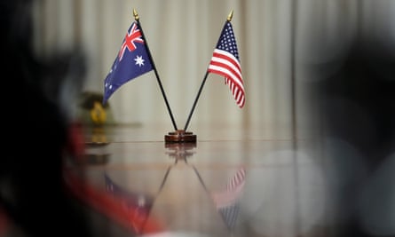 Australian and US flags are seen during a meeting between Scott Morrison and Lloyd Austin at the Pentagon on 22 September 2021.
