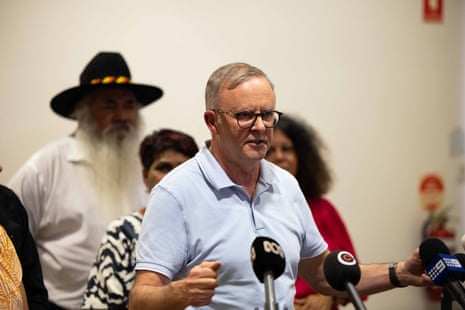 Australian prime minister Anthony Albanese speaks at a press conference alongside federal and state colleagues in Alice Springs, Australia