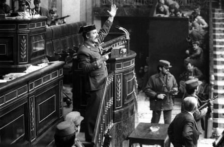 Lt Col Antonio Tejero, pistol in hand, during an attempted coup in the Spanish Parliament on 23 February 1981.