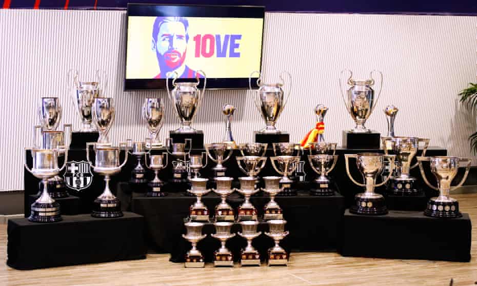 The trophies won by Barcelona during Lionel Messi’s time at the club are presented at his press conference.
