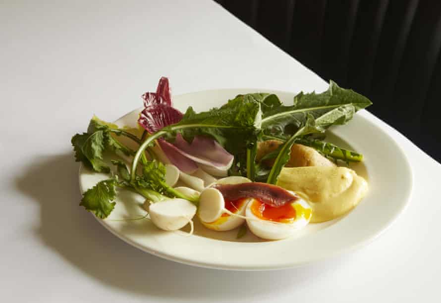 The little aioli from the Sessions Arts Club: 'Soft-boiled egg with anchovies, potato with pink fir and mixed leaves made me a little crazy.'