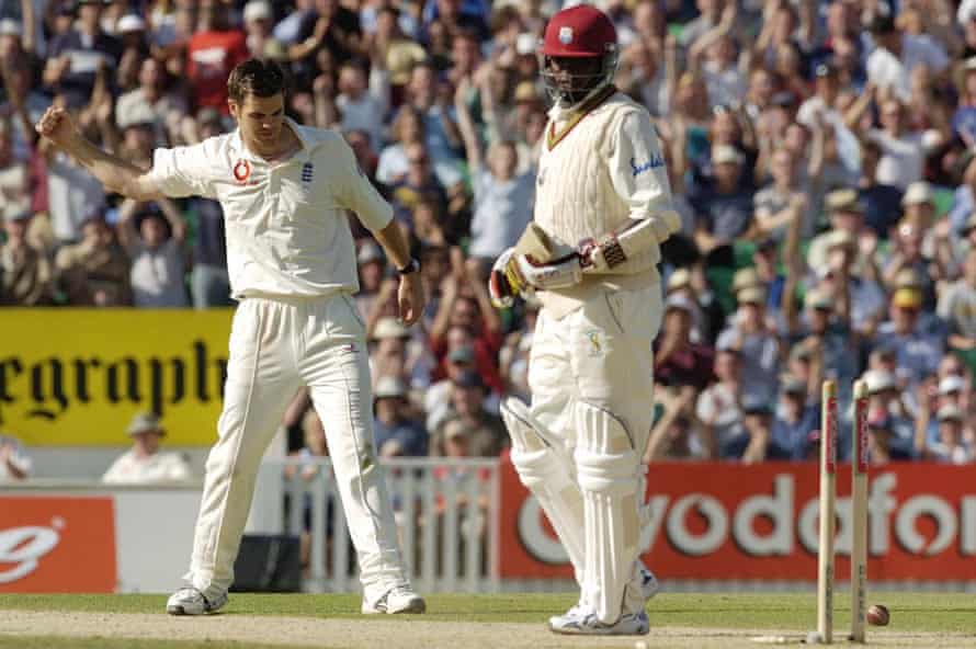 Jimmy Anderson dismisses Jermaine Lawson of West Indies at the Oval in 2004