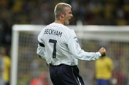 David Beckham celebrates an assist for England against Brazil at Wembley in 2007.