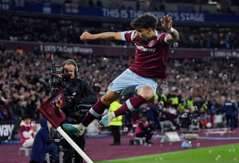 West Ham United's Lucas Paqueta celebrates scoring their first goal.