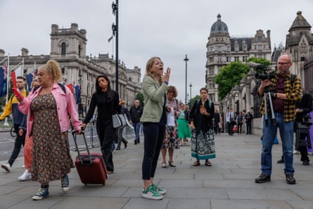Siân Berry speaks outside parliament at a demonstration against extreme wealth in June.