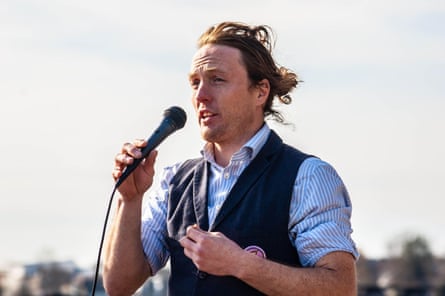 Powlesland speaking at an Extinction Rebellion protest against Thames Water pollution in February.