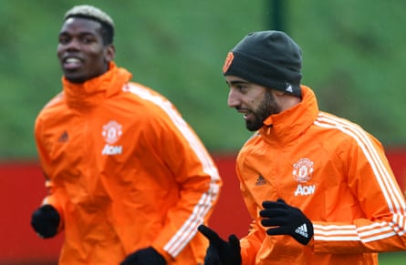 Bruno Fernandes and Paul Pogba at training this week as the team prepare to face Liverpool.