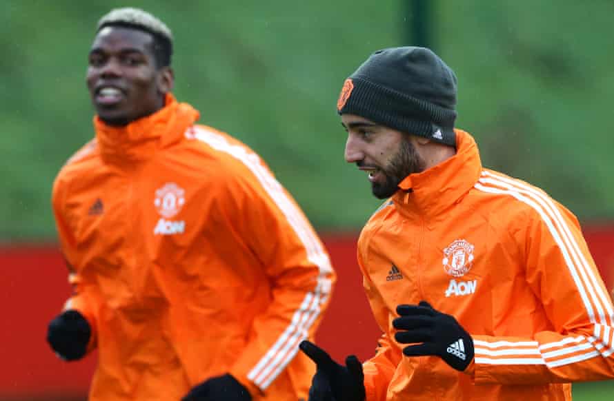 Bruno Fernandes and Paul Pogba at training this week as the team prepare to face Liverpool.