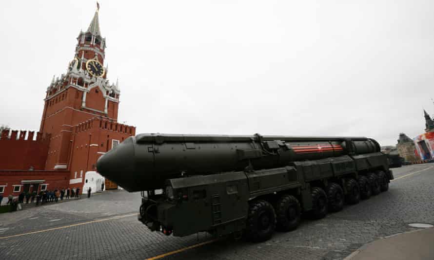 A Russian intercontinental ballistic missile launcher at a military parade in Moscow’s Red Square.