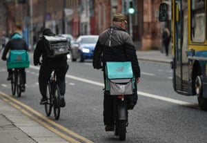 Deliveroo curriers seen in Dublin city center during Level 5 Covid-19 lockdown.