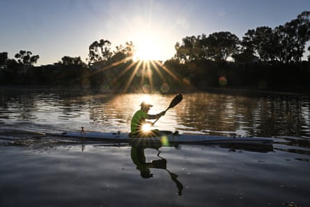 Andrew Miller paddles along the Fitzroy River