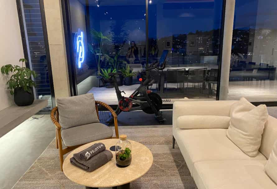 A living room set up in the 'Peloton Beach House' in Sydney's Darling Point