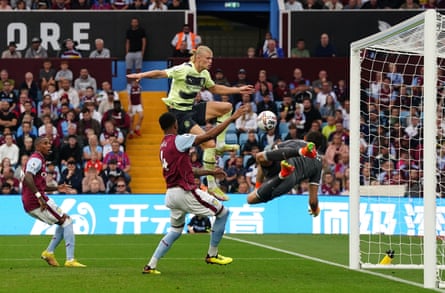 Manchester City’s Erling Haaland scores against Aston Villa at Villa Park