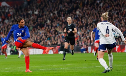 Yazmeen Ryan’s shot that hit Alex Greenwood was initially given as a penalty until it was overturned after consultation with the VAR.