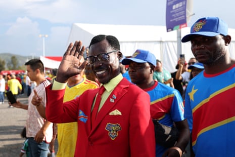 DR Congo fan Michel Nkuka Mboladinga, also known as Lumumba Vea, arrives at the stadium.