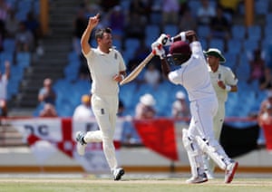Jimmy Anderson celebrates taking his third wicket, Darren Bravo.