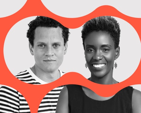Black-and-white portraits of a man and a smiling woman, framed by a wavy orange graphic
