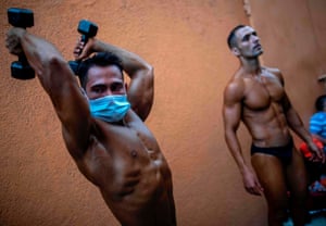 Bodybuilders prepare to participate in the National Bodybuilding Championship, amid the new coronavirus pandemic