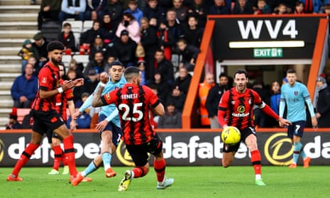 Anass Zaroury sweeps home Bournemouth’s third goal and his second.