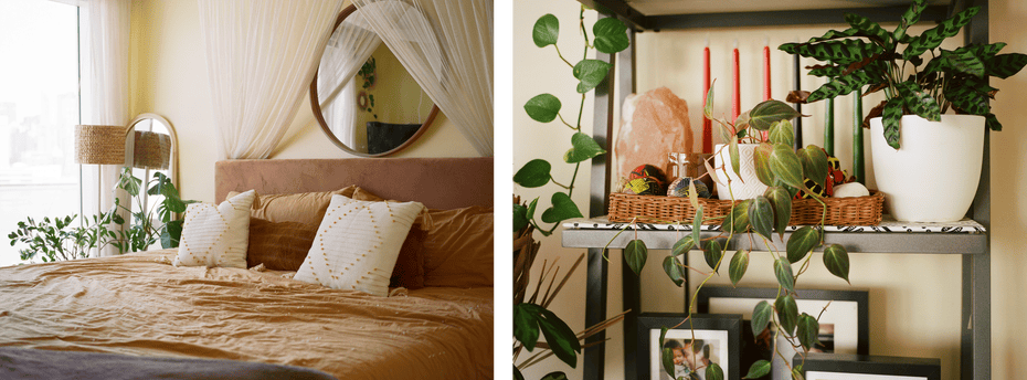 Left: A bed with white pillows and salmon covers; Right: A close up view of a stand with plants, candles and picture frames. 