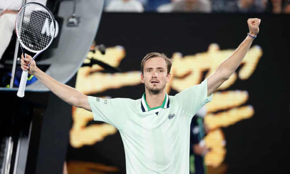 Daniil Medvedev celebrates winning his semi final match against Stefanos Tsitsipas.
