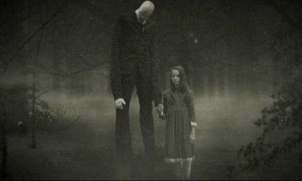 Still from Beware the Slenderman shows a tall man holding a little girl's hand