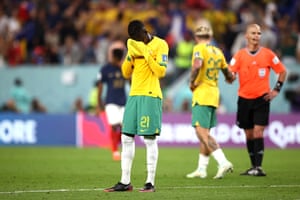 Garang Kuol, who become the ninth youngest player in World Cup history, shows his dejection at full-time.