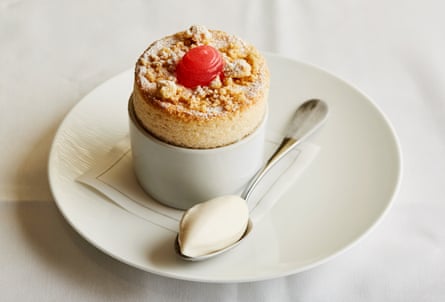 Yorkshire rhubarb forced soufflé with ginger ice cream, Hawthorn restaurant, Kew, London.