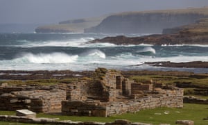Ruins on Orkney, Scotland, with a view to the tidal Brough of Birsay.