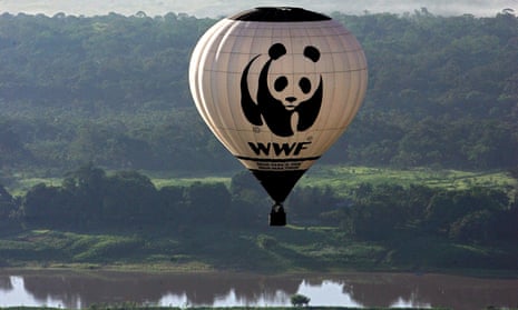 A World Wide Fund for Nature hot air balloon over the Amazon river and surrounding rainforest in Manaus, northern Brazil
