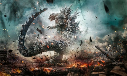 a big lizard monster in a scene of destruction