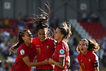 Jéssica Silva celebrates after scoring in the group match against Switzerland at Euro 2022.