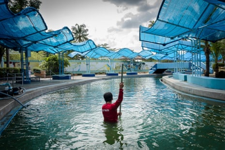 A lifeguard at Siam Amazing Park sweeps algae from a swimming pool.