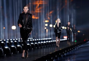Stella Tennant presenting a creation from the women spring/summer 2020 collection by Saint Laurent during the Paris fashion week in September 2019