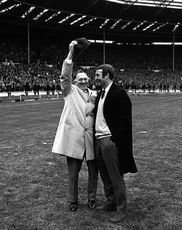 Manchester City manager Joe Mercer (left), raises his hat with Malcolm Allison, the coach, after victory over Leicester in the 1969 FA Cup final.