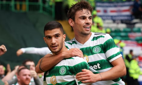 Liel Abada (left) celebrates with Matt O'Riley after scoring Celtic's third goal.
