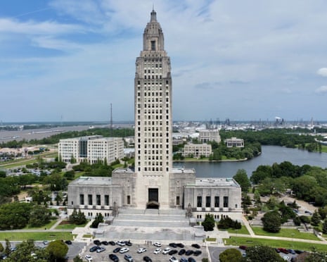 The Louisiana state Capitol stands prominently in April 2023 in Baton Rouge.