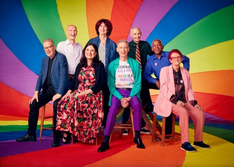 From left: Tom Robinson, Stuart Feather, Mair Twissell, Roz Kaveney, Peter Tatchell, Andrew Lumsden, Ted Brown and Nettie Pollard, against rainbow background