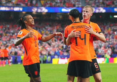 Jan Paul van Hecke celebrates scoring their third goal with Tijjani Reijnders and Nathan Ake