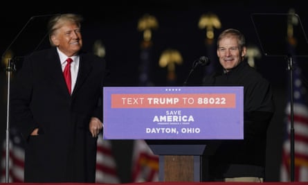 Donald Trump and Jim Jordan at a rally for JD Vance in Vandalia, Ohio, in November 2022.