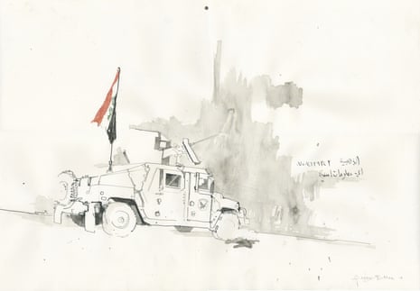 An Iraqi special forces Humvee parked in west Mosul, in one of the illustrations by George Butler.