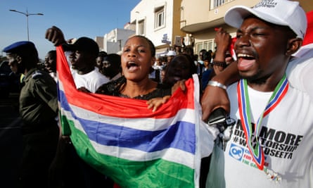 Supporters of president-elect Adama Barrow celebrate his inauguration at Gambia’s embassy in Dakar, Senegal after President Yahya Jammeh, who has led the government for 23 years, refused to stand down.