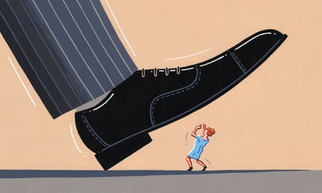 Illustration, of great big brogue shoe stamping down on little person, by Jasper Rietman